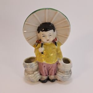 Vintage 1946-1951 made in Japan Handpainted Porcelain Girl w/Umbrella & Baskets.